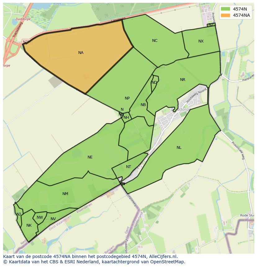 Afbeelding van het postcodegebied 4574 NA op de kaart.