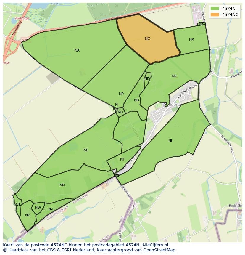 Afbeelding van het postcodegebied 4574 NC op de kaart.