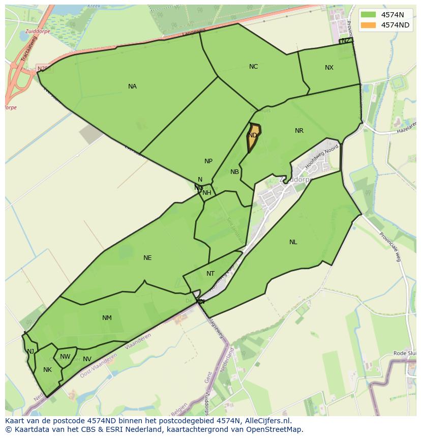 Afbeelding van het postcodegebied 4574 ND op de kaart.