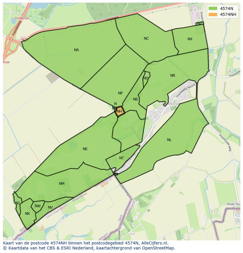 Afbeelding van het postcodegebied 4574 NH op de kaart.