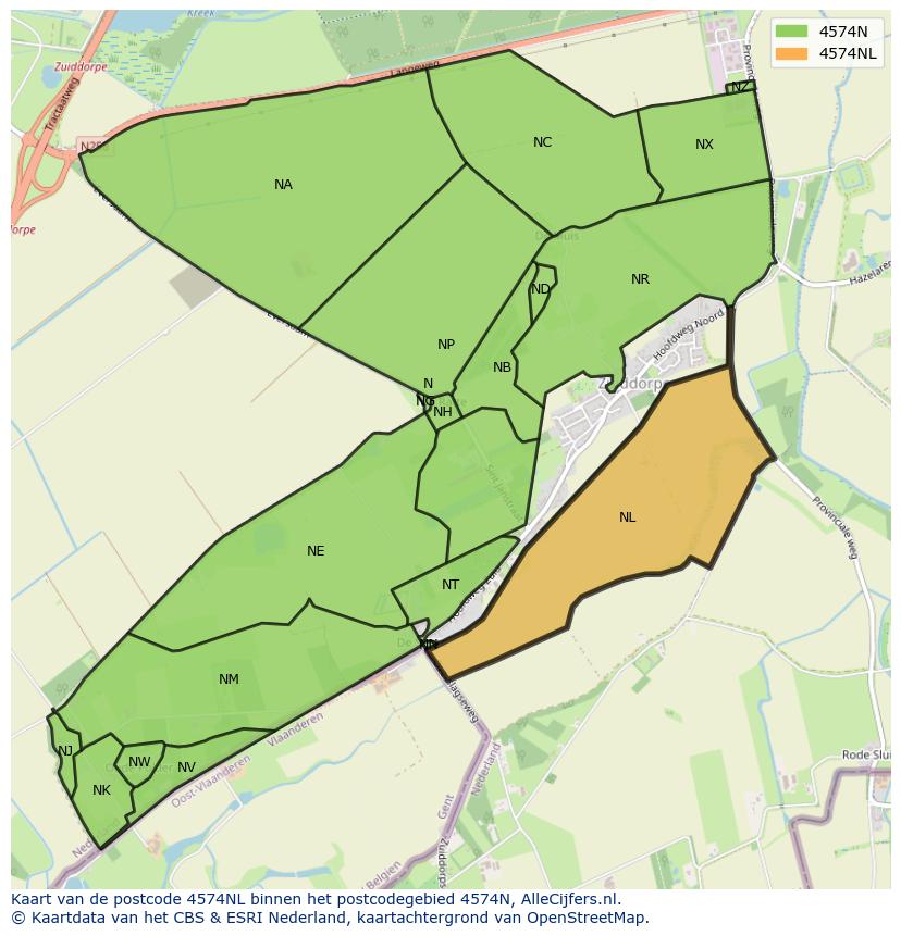 Afbeelding van het postcodegebied 4574 NL op de kaart.