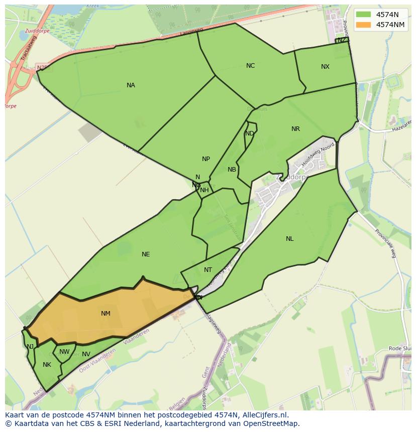 Afbeelding van het postcodegebied 4574 NM op de kaart.