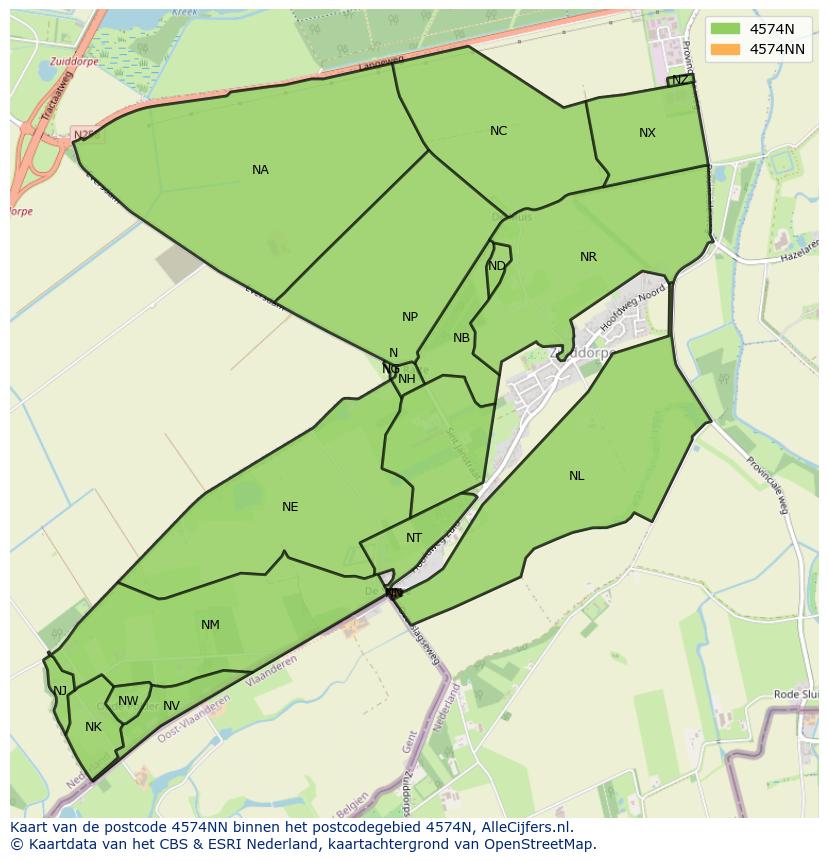 Afbeelding van het postcodegebied 4574 NN op de kaart.