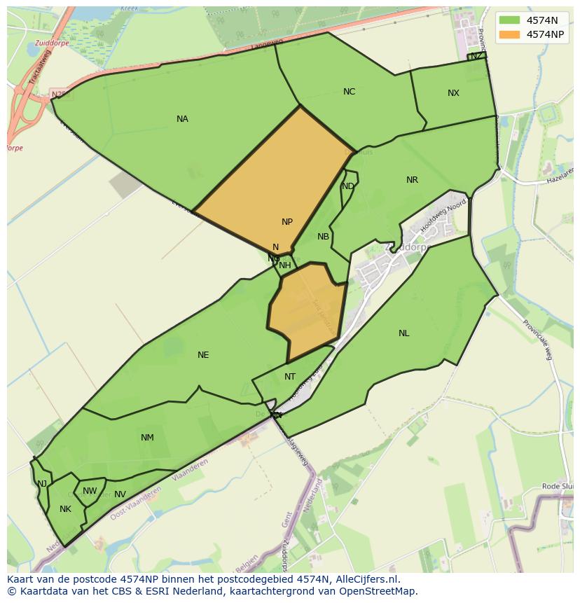 Afbeelding van het postcodegebied 4574 NP op de kaart.