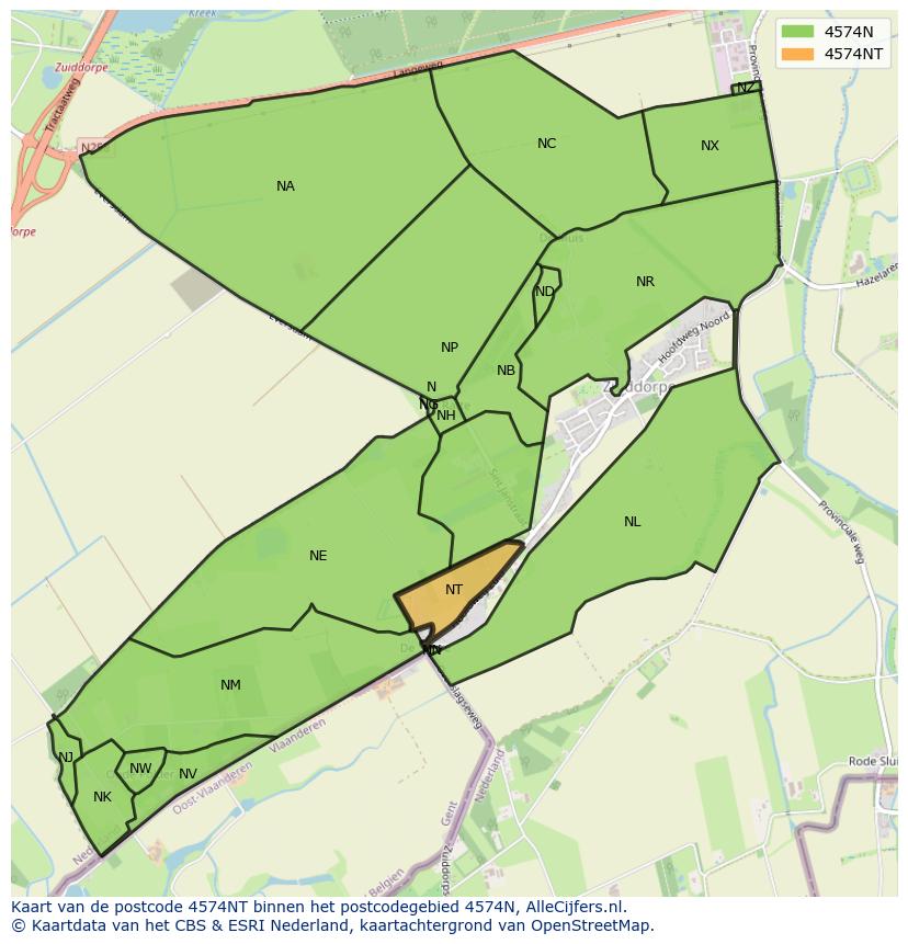 Afbeelding van het postcodegebied 4574 NT op de kaart.