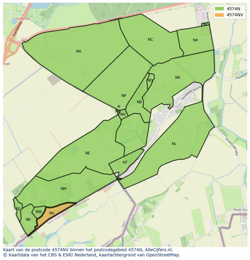 Afbeelding van het postcodegebied 4574 NV op de kaart.