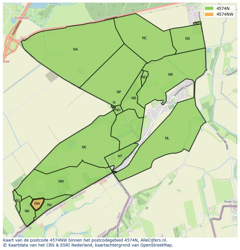 Afbeelding van het postcodegebied 4574 NW op de kaart.