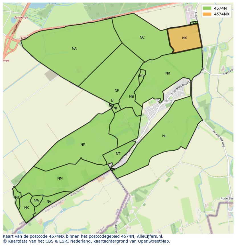 Afbeelding van het postcodegebied 4574 NX op de kaart.