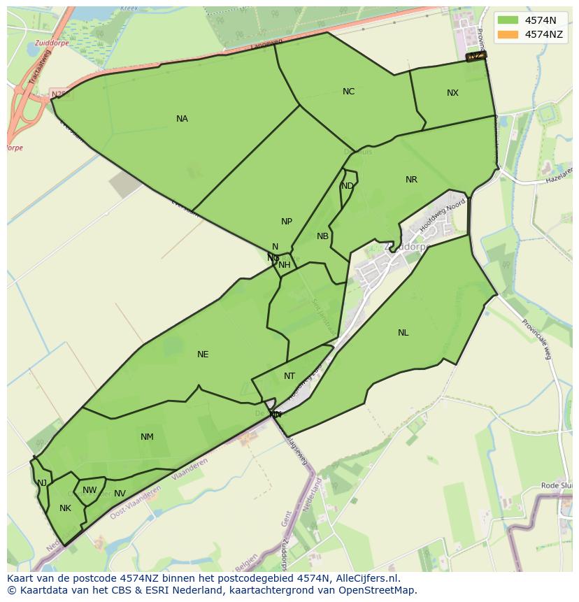 Afbeelding van het postcodegebied 4574 NZ op de kaart.