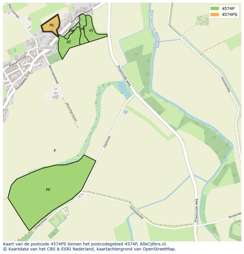 Afbeelding van het postcodegebied 4574 PS op de kaart.