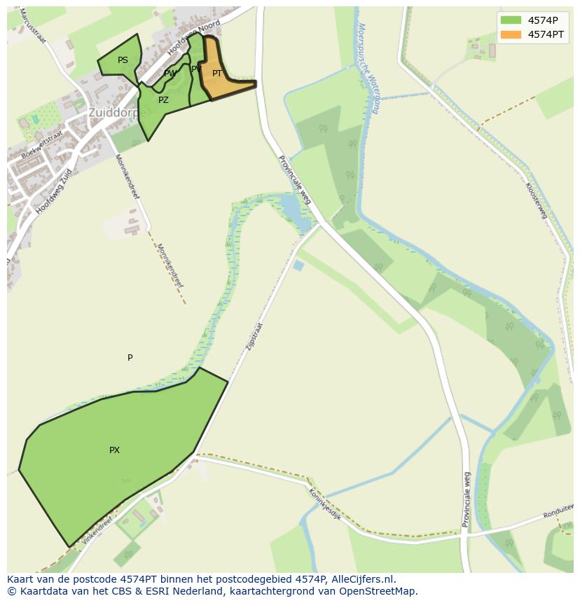 Afbeelding van het postcodegebied 4574 PT op de kaart.