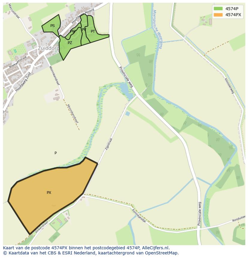Afbeelding van het postcodegebied 4574 PX op de kaart.