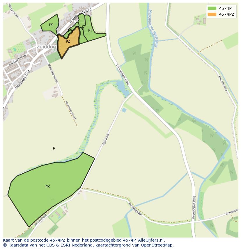 Afbeelding van het postcodegebied 4574 PZ op de kaart.