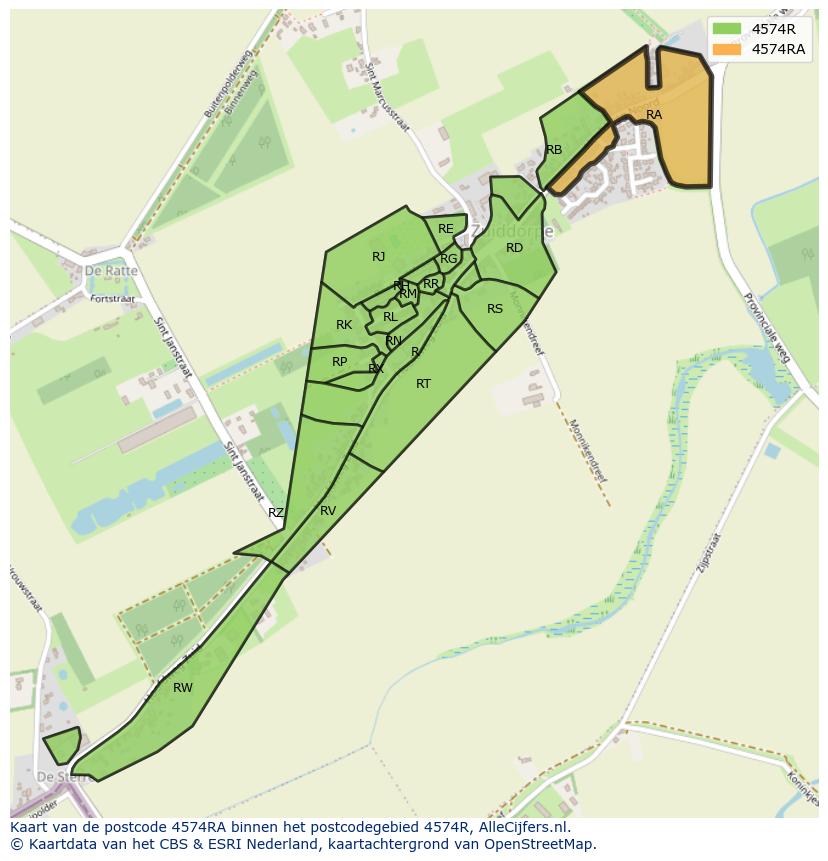 Afbeelding van het postcodegebied 4574 RA op de kaart.