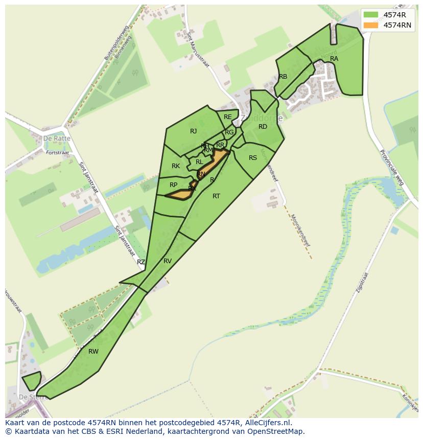 Afbeelding van het postcodegebied 4574 RN op de kaart.