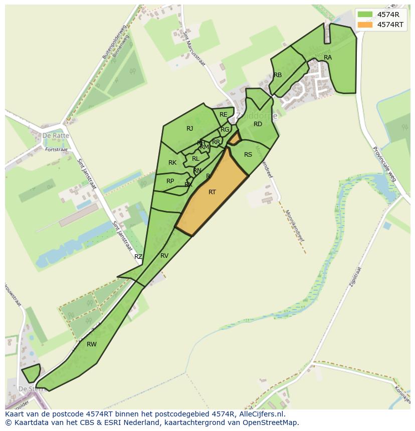 Afbeelding van het postcodegebied 4574 RT op de kaart.