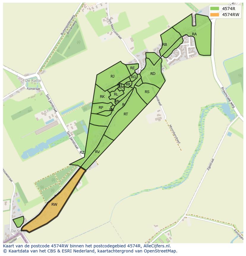 Afbeelding van het postcodegebied 4574 RW op de kaart.