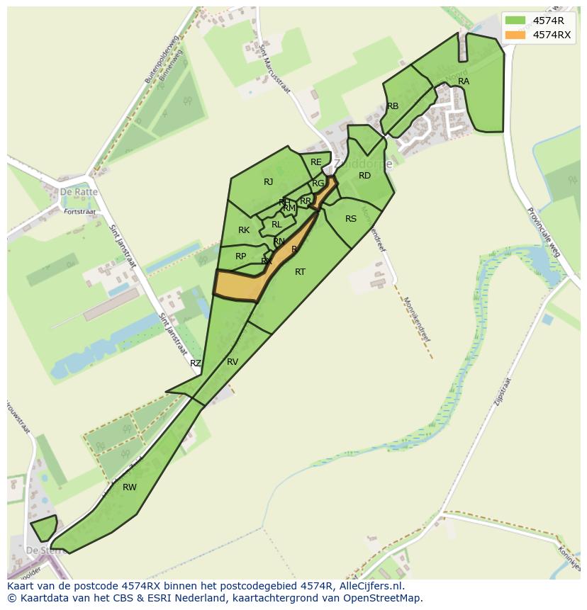 Afbeelding van het postcodegebied 4574 RX op de kaart.