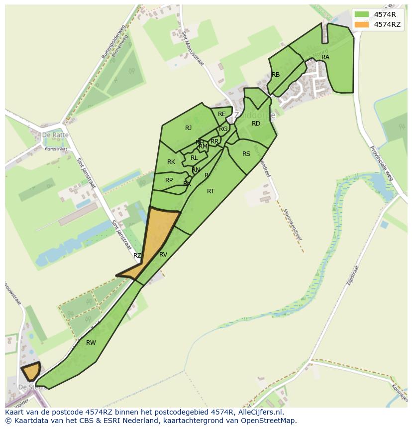 Afbeelding van het postcodegebied 4574 RZ op de kaart.