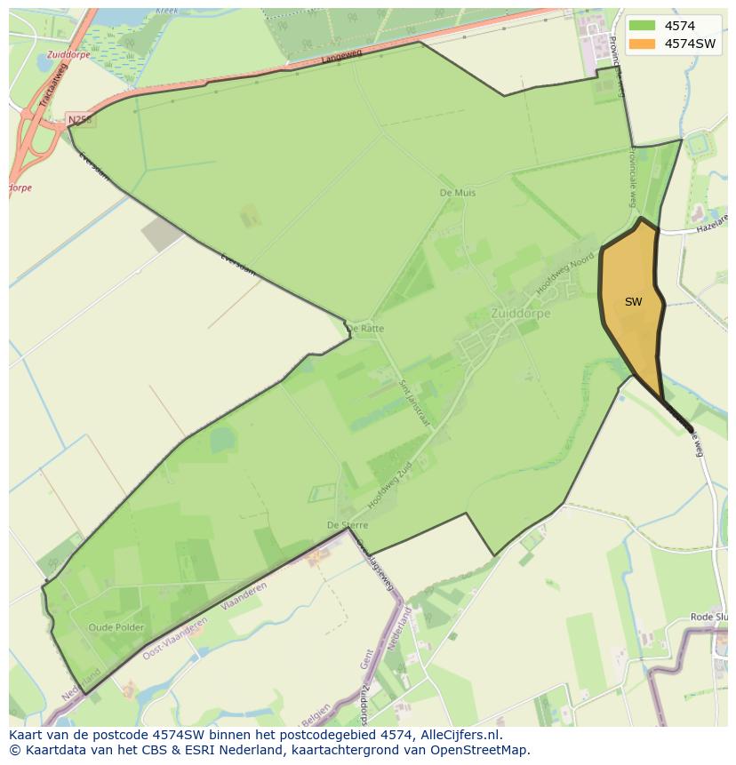 Afbeelding van het postcodegebied 4574 SW op de kaart.