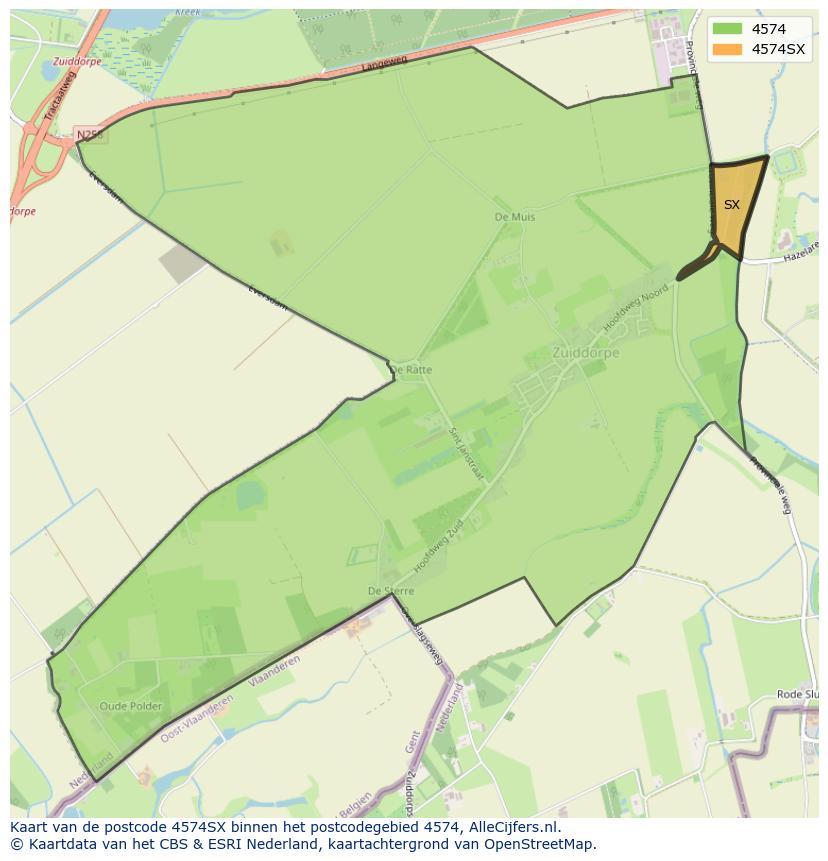 Afbeelding van het postcodegebied 4574 SX op de kaart.