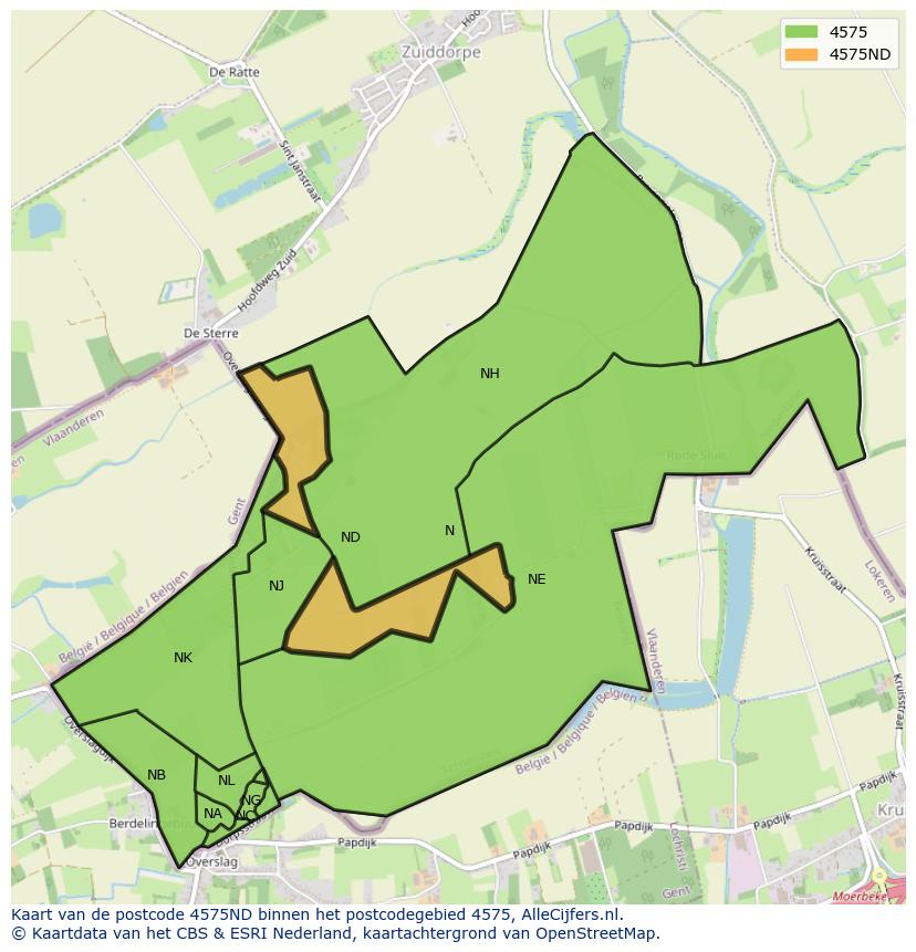 Afbeelding van het postcodegebied 4575 ND op de kaart.