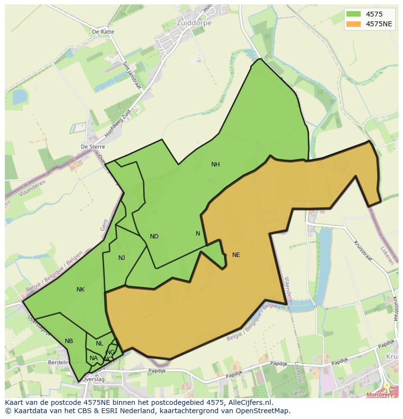 Afbeelding van het postcodegebied 4575 NE op de kaart.