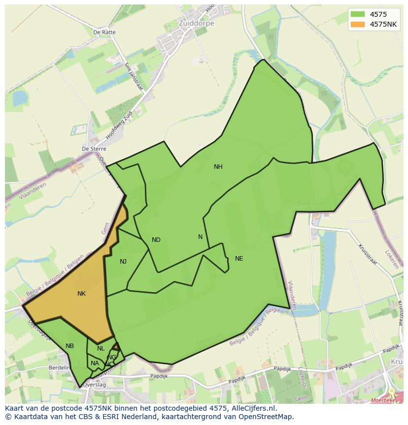 Afbeelding van het postcodegebied 4575 NK op de kaart.