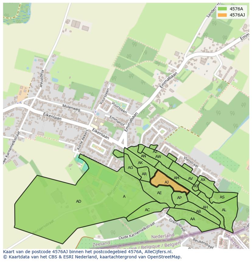 Afbeelding van het postcodegebied 4576 AJ op de kaart.