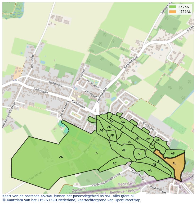 Afbeelding van het postcodegebied 4576 AL op de kaart.