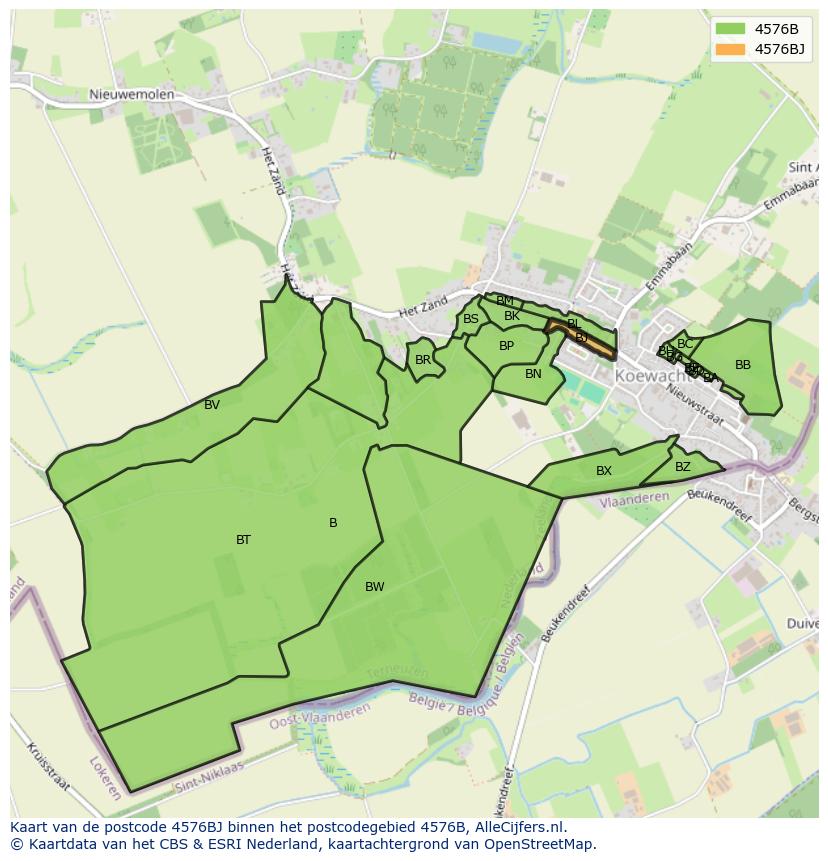 Afbeelding van het postcodegebied 4576 BJ op de kaart.