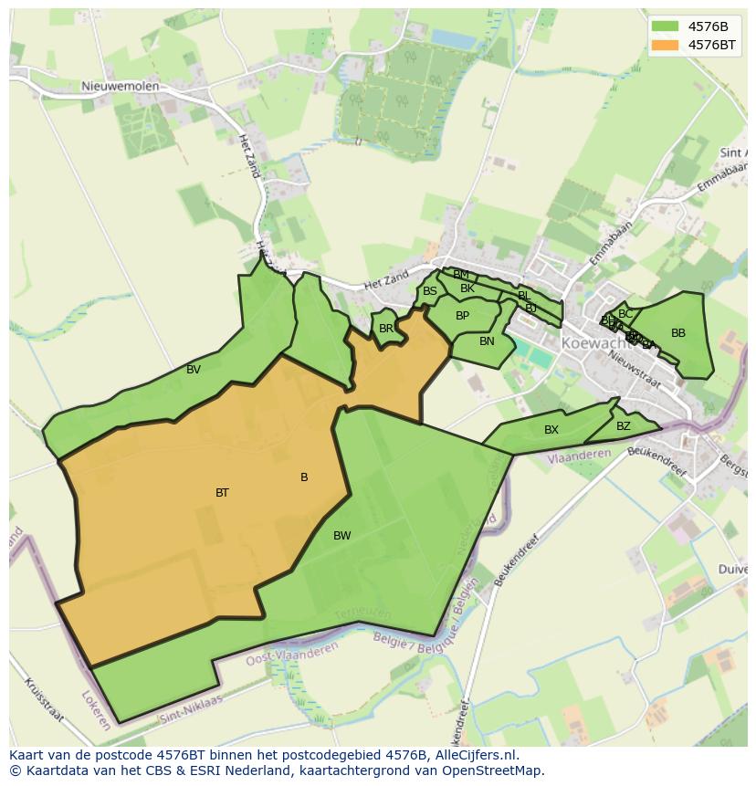 Afbeelding van het postcodegebied 4576 BT op de kaart.
