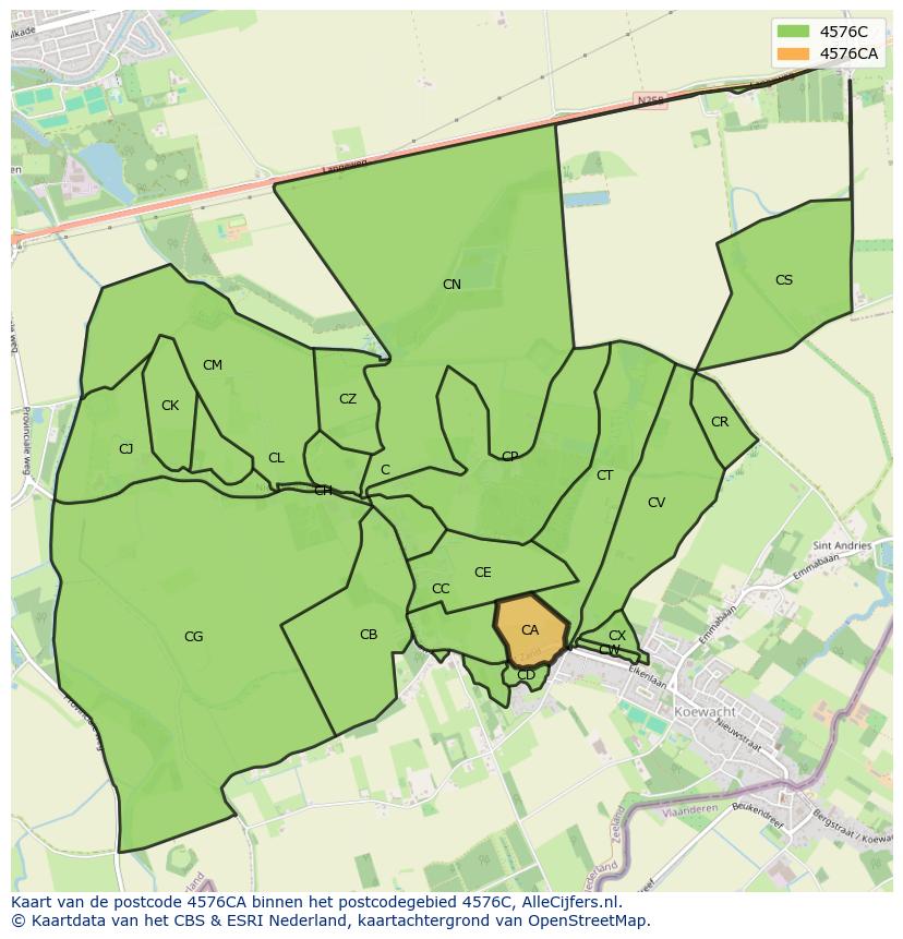 Afbeelding van het postcodegebied 4576 CA op de kaart.