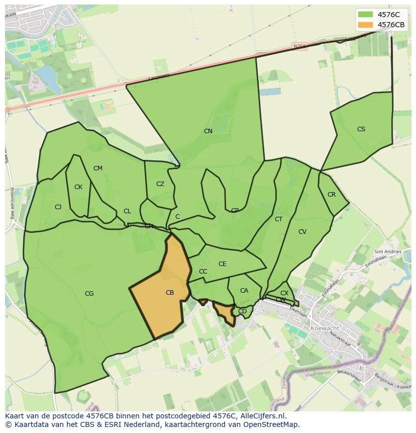 Afbeelding van het postcodegebied 4576 CB op de kaart.