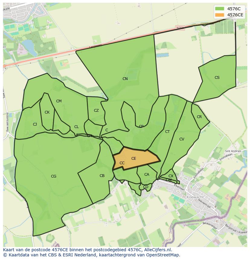 Afbeelding van het postcodegebied 4576 CE op de kaart.