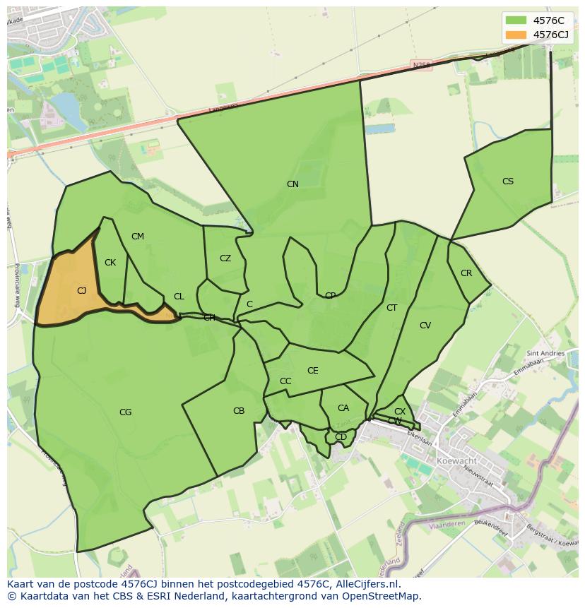 Afbeelding van het postcodegebied 4576 CJ op de kaart.
