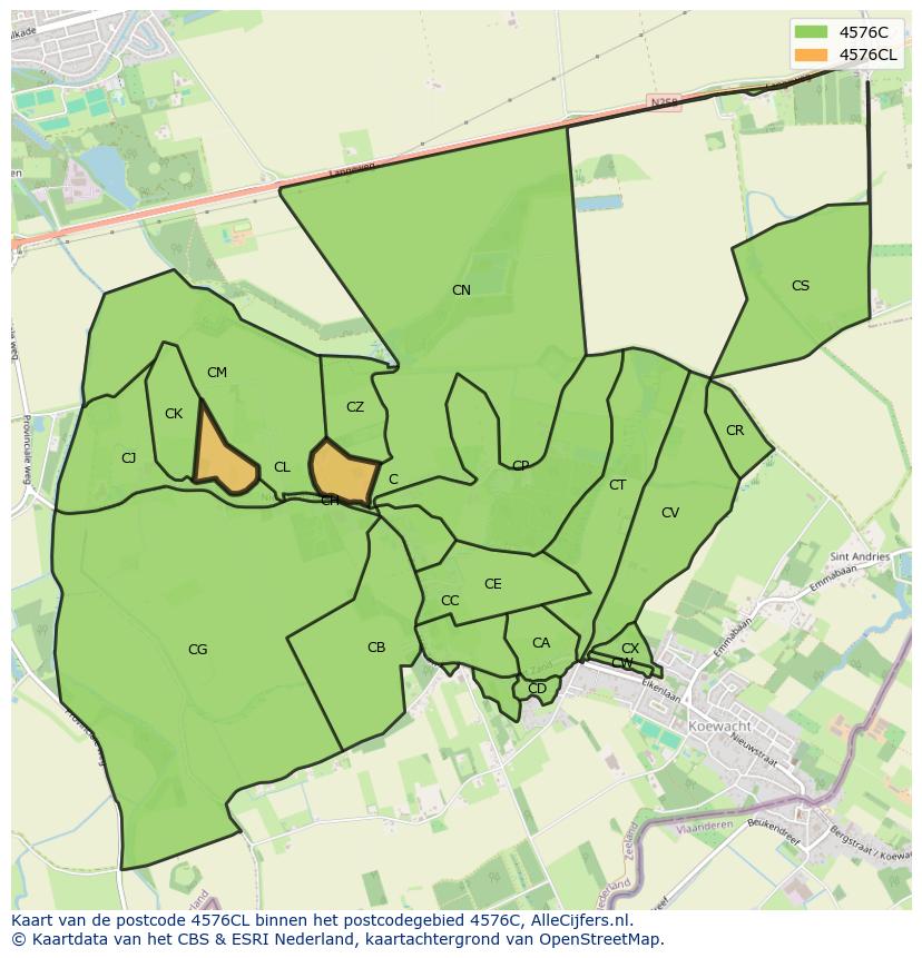 Afbeelding van het postcodegebied 4576 CL op de kaart.