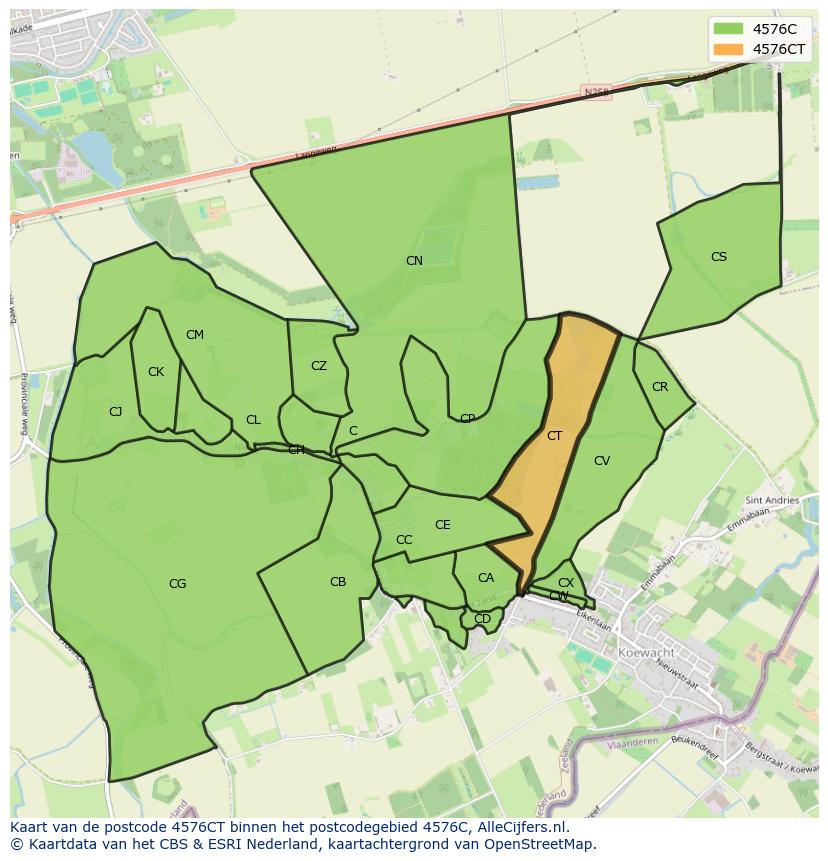 Afbeelding van het postcodegebied 4576 CT op de kaart.