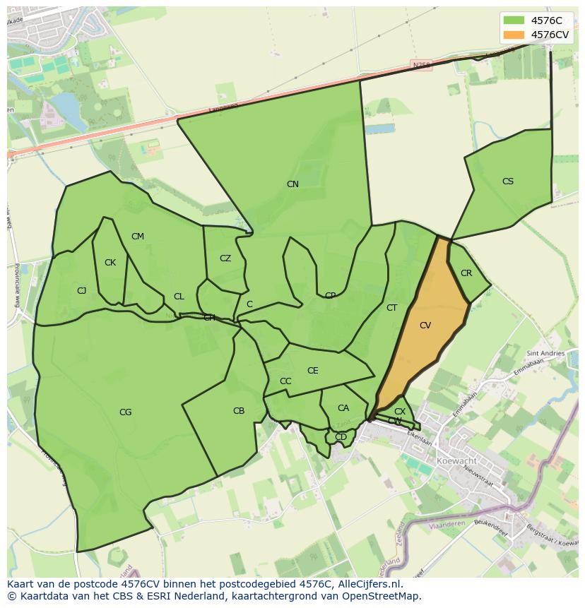 Afbeelding van het postcodegebied 4576 CV op de kaart.