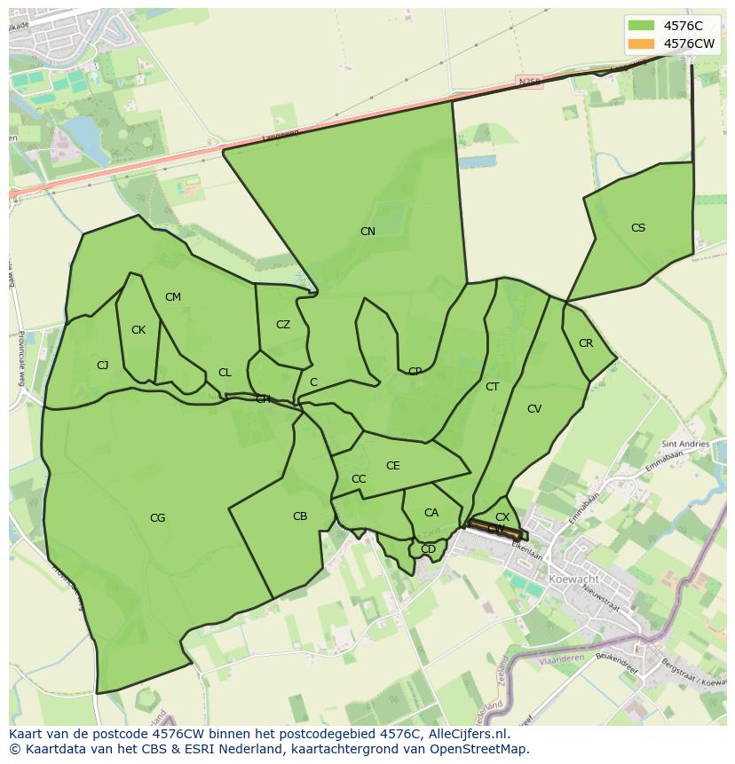 Afbeelding van het postcodegebied 4576 CW op de kaart.
