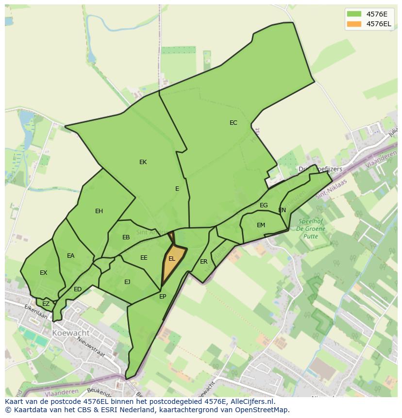 Afbeelding van het postcodegebied 4576 EL op de kaart.