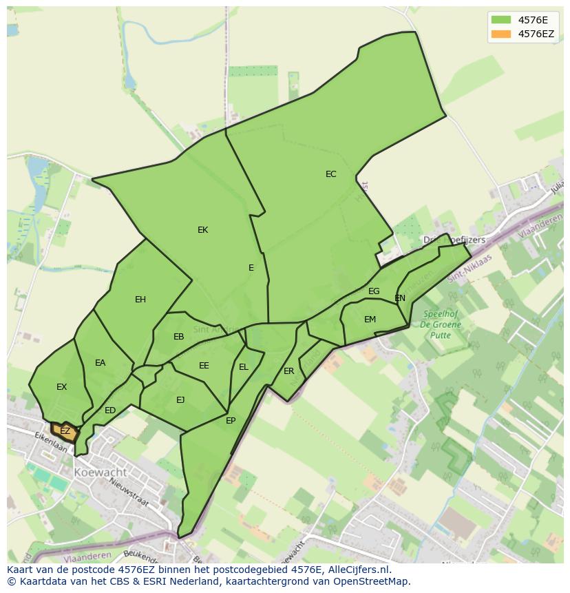 Afbeelding van het postcodegebied 4576 EZ op de kaart.