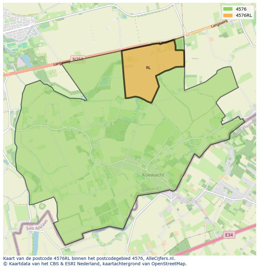 Afbeelding van het postcodegebied 4576 RL op de kaart.