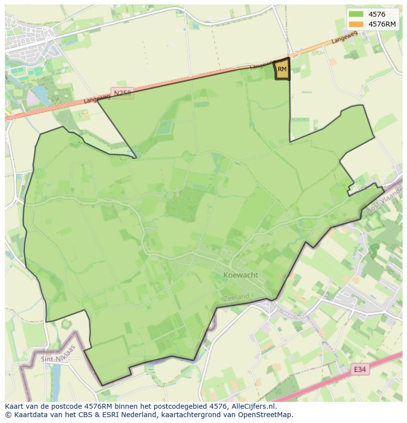 Afbeelding van het postcodegebied 4576 RM op de kaart.