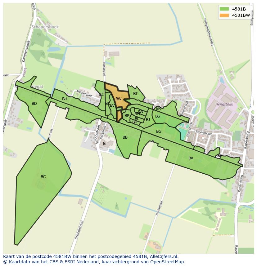 Afbeelding van het postcodegebied 4581 BW op de kaart.