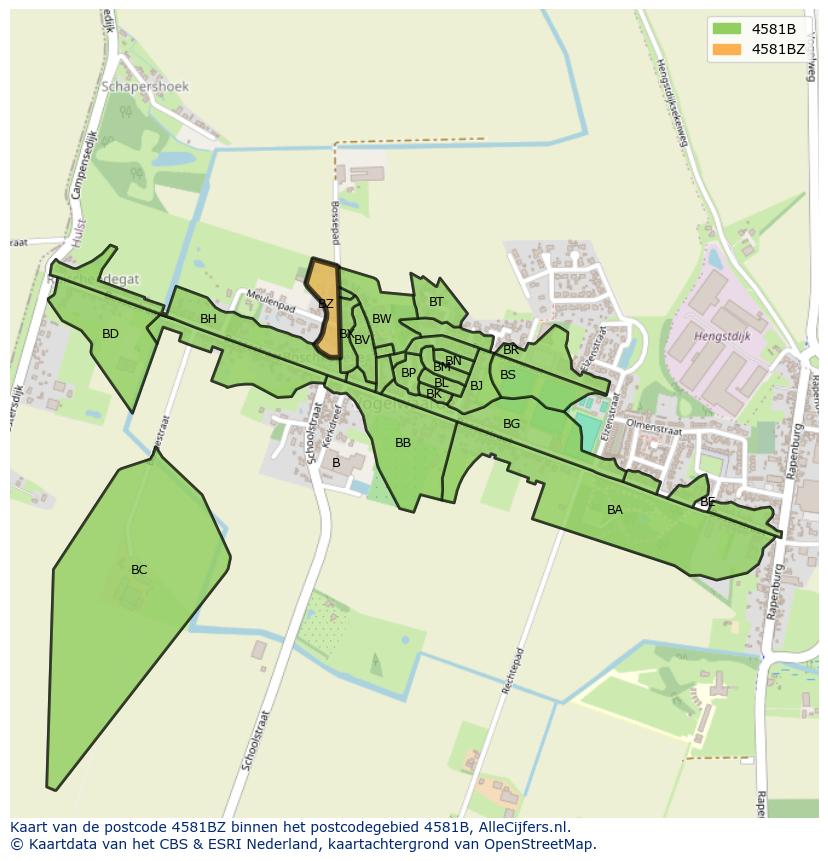 Afbeelding van het postcodegebied 4581 BZ op de kaart.
