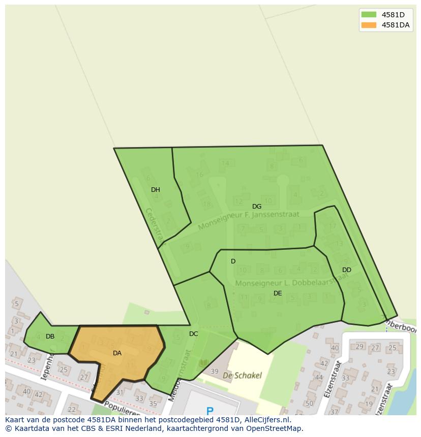 Afbeelding van het postcodegebied 4581 DA op de kaart.