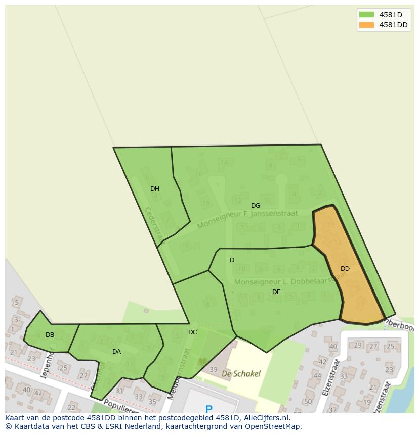 Afbeelding van het postcodegebied 4581 DD op de kaart.