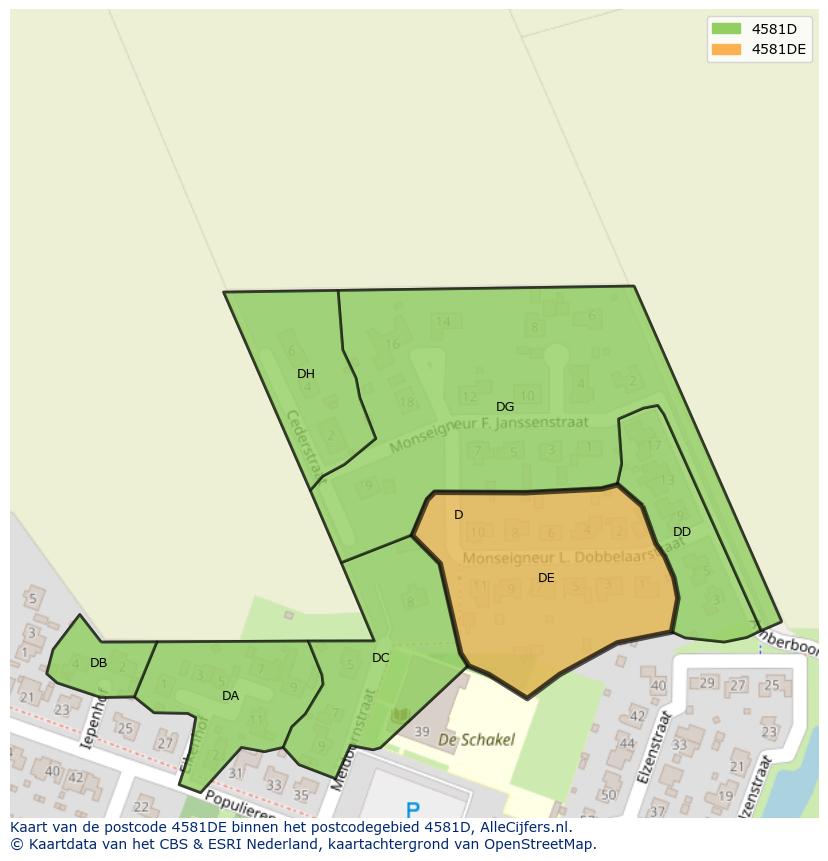 Afbeelding van het postcodegebied 4581 DE op de kaart.