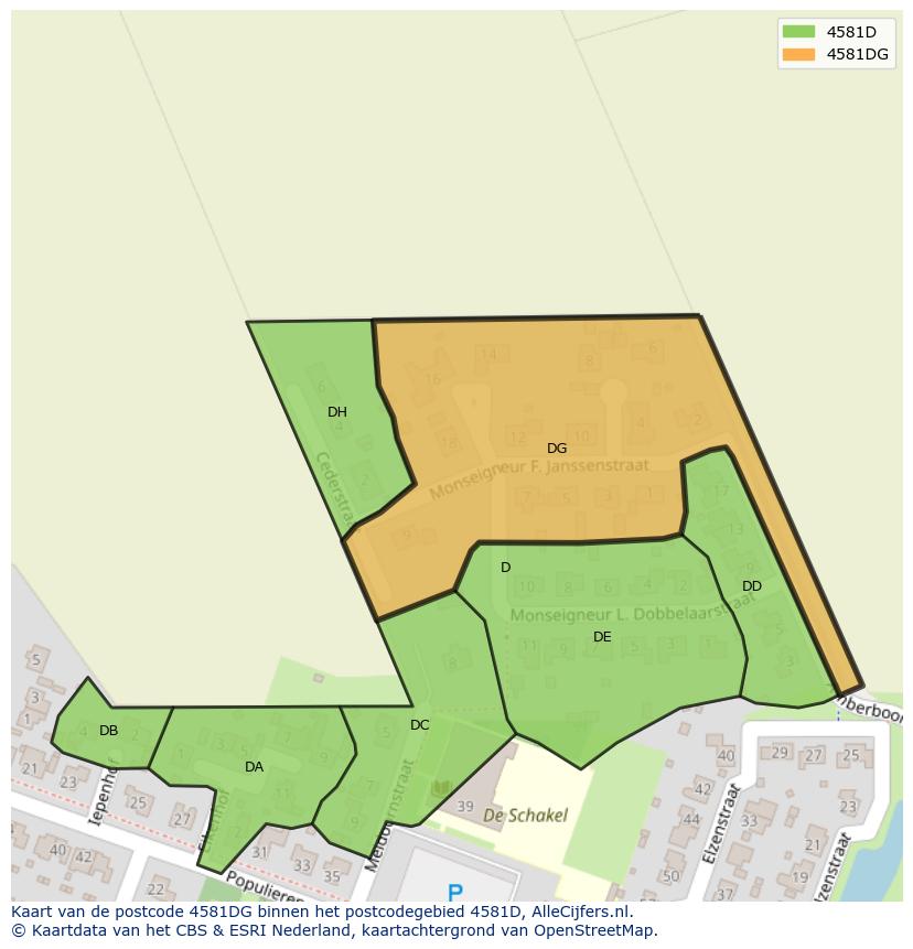 Afbeelding van het postcodegebied 4581 DG op de kaart.